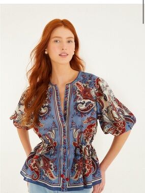 NWT FARM Rio Blue Paisley Short-Sleeve Button Blouse with Red and Cream Motifs